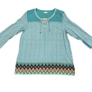 J. Jill Top Border Print Tunic Tassel‎ Neck Blue 3/4 Sleeves Boho Size Lrg Flowy